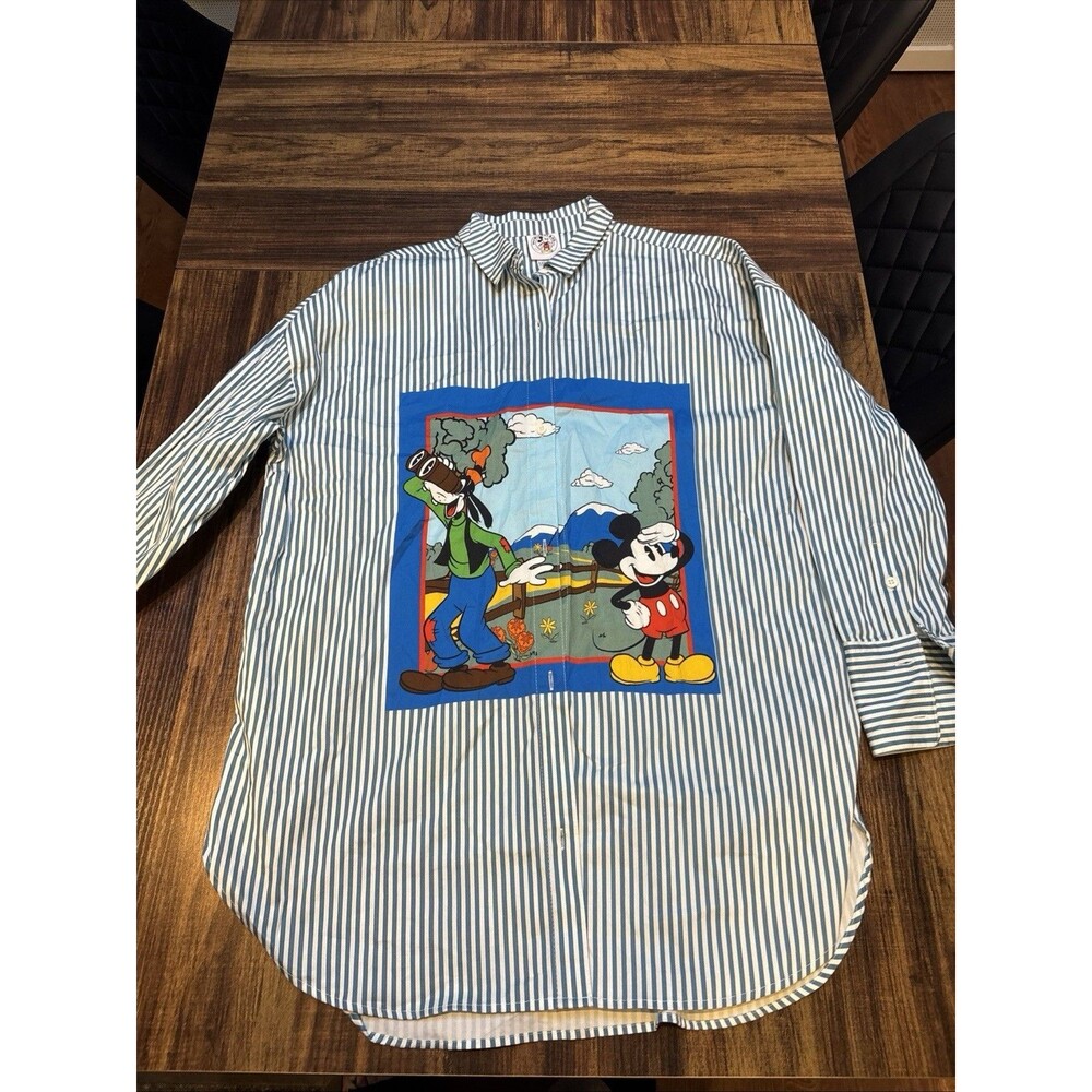 NEW Disney Shirt Adult Size M Aqua White Mickey And Co Goofy Button Up Striped